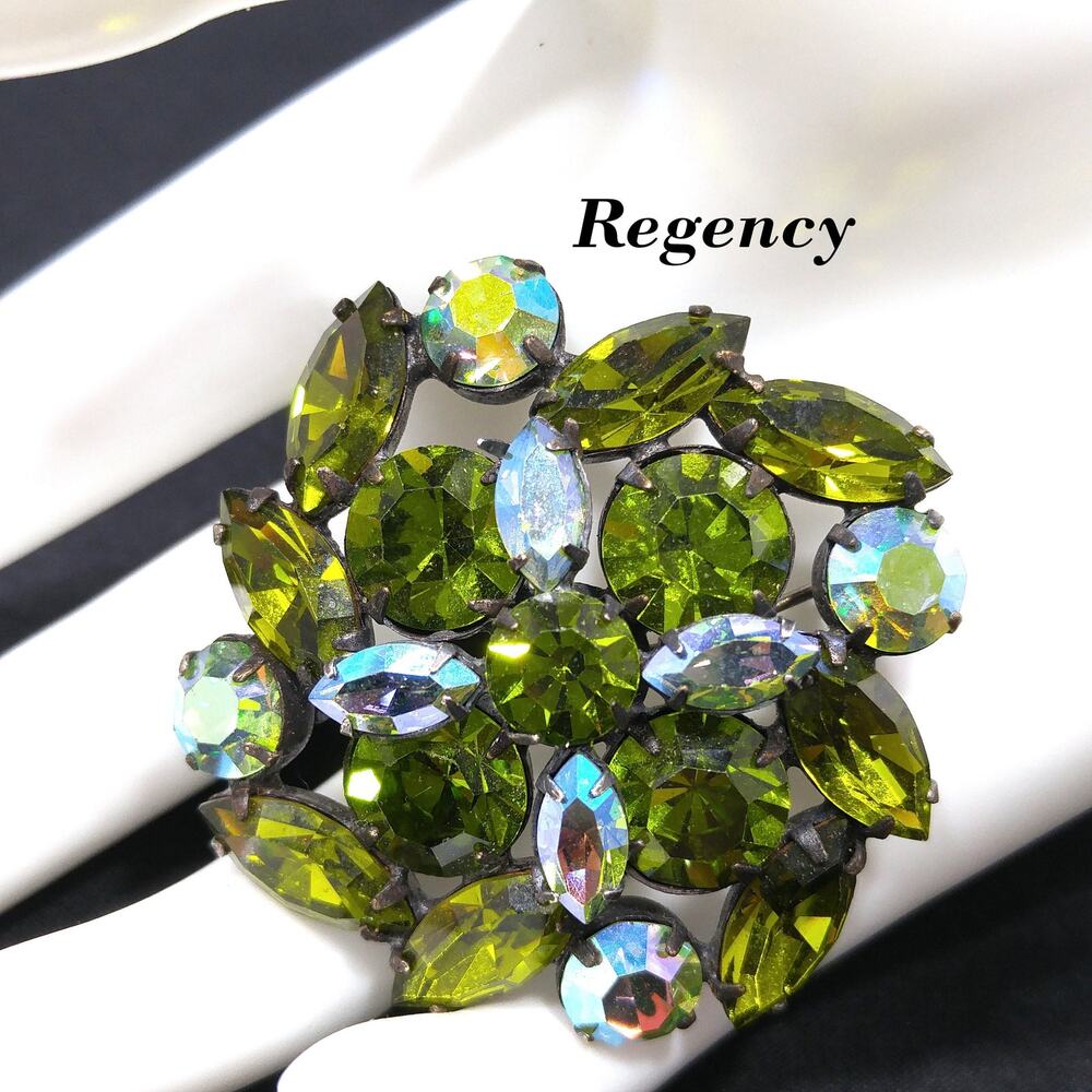 Vintage Regency Green Rhinestone Floral Brooch, Aurora Borealis Prong Set, 1950s
